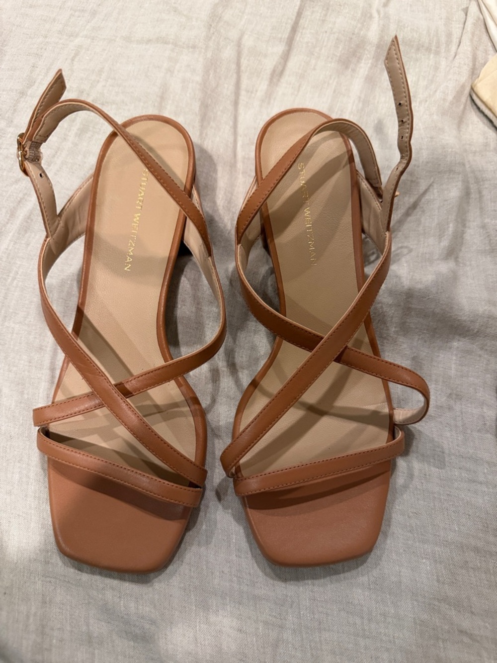 Stuart Weitzman Tan Strappy Square-Toe Sandals